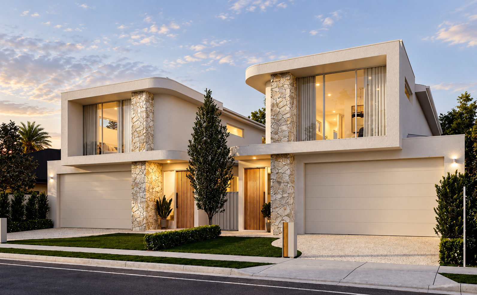 Modern two-storey SF Prestige Homes residence with stone-clad columns, timber entry doors and landscaped frontage at dusk